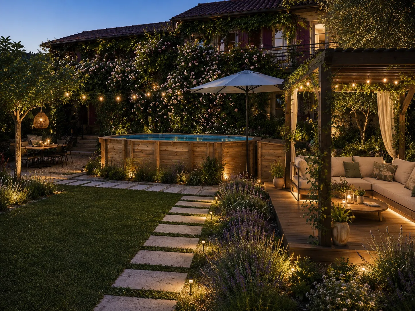 Jardin, piscine et terrasse des Capucines à Aubenas en soirée.